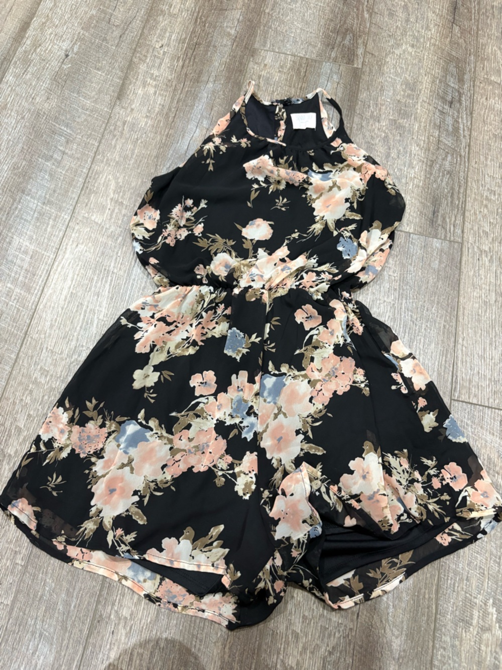 Black Floral Halter Romper with Peach and Blue Blooms